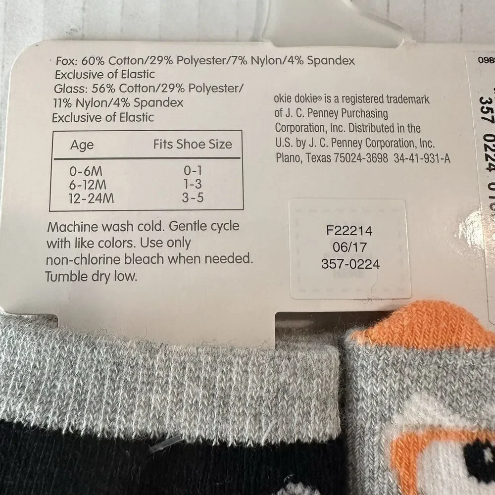 Okie Dokie Baby Socks 2-Pair Fox & Eyeglasses 0-6 Months Shoe Sz 0-1 Gray Orange